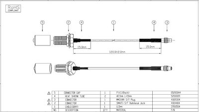 SMA naaras paneliin suojahatulla - MMCX uros suora 120mm