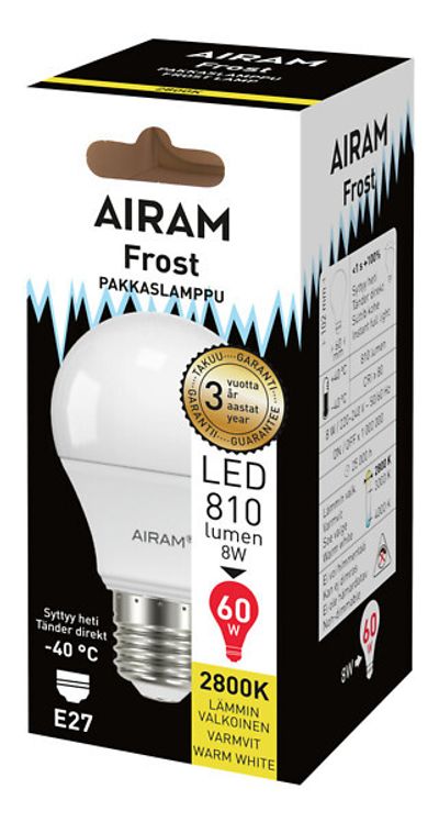 Airam LED Pakkaslamppu 9,5W E27, 806 lm, 2800K -40 C