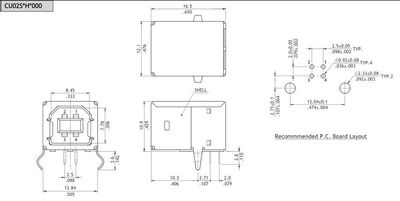 USB-B kulma naaras piirilevylle