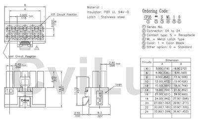 3,0mm 6pole female wire, metal latch UL 94V-0