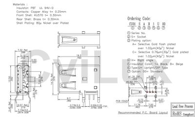 USB-A horizontal vertical black pcb flash Au