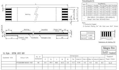 FFC kaapeli 0,5mm 80nap. Kullattu 800mm Halogen vapaa